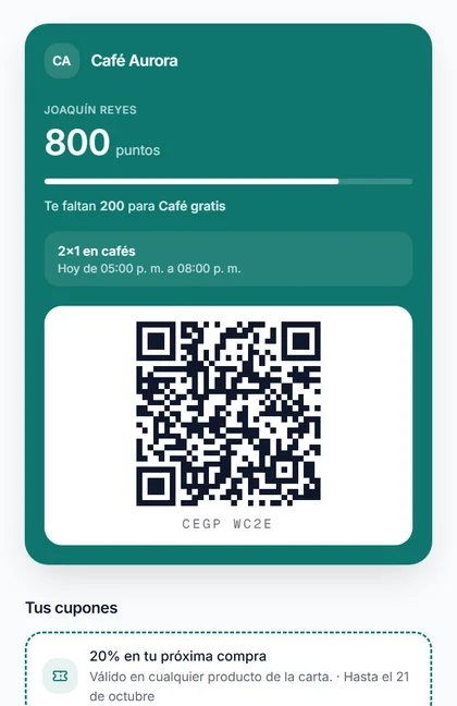 Tarjeta digital del cliente con sus puntos, una promoción activa y su código QR