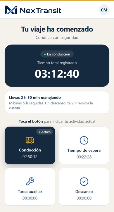 App del conductor registrando el tiempo de conducción